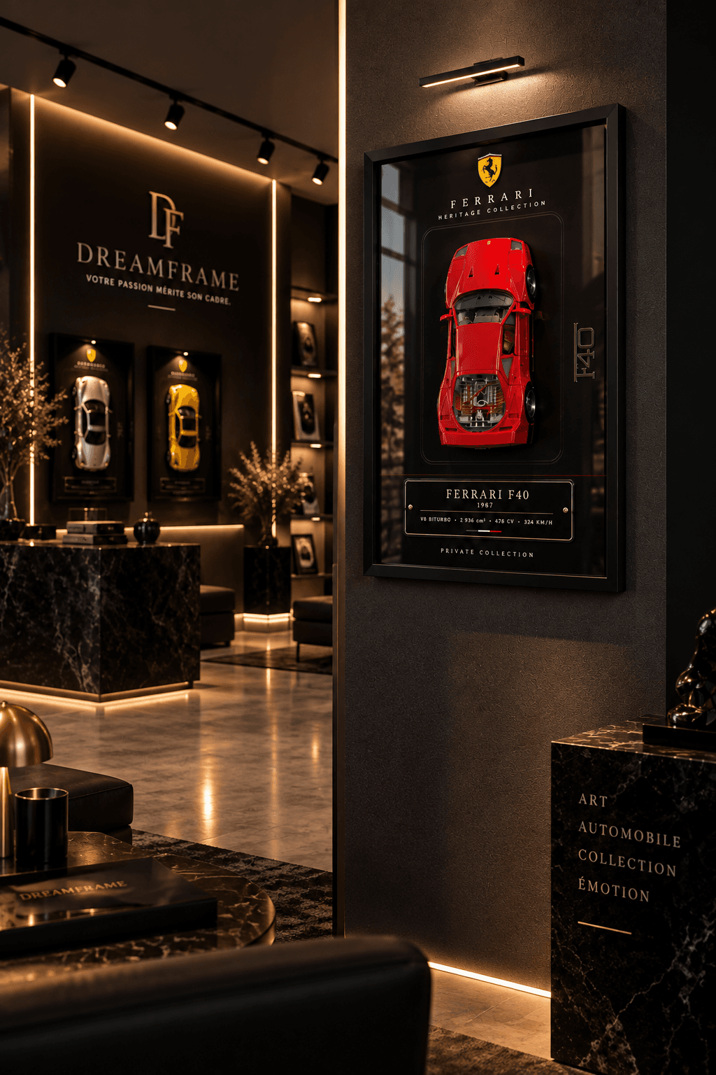 Cadre 3D Ferrari F40 (1987) en relief – format 40 × 50 cm, vue 2 | Dream Frame